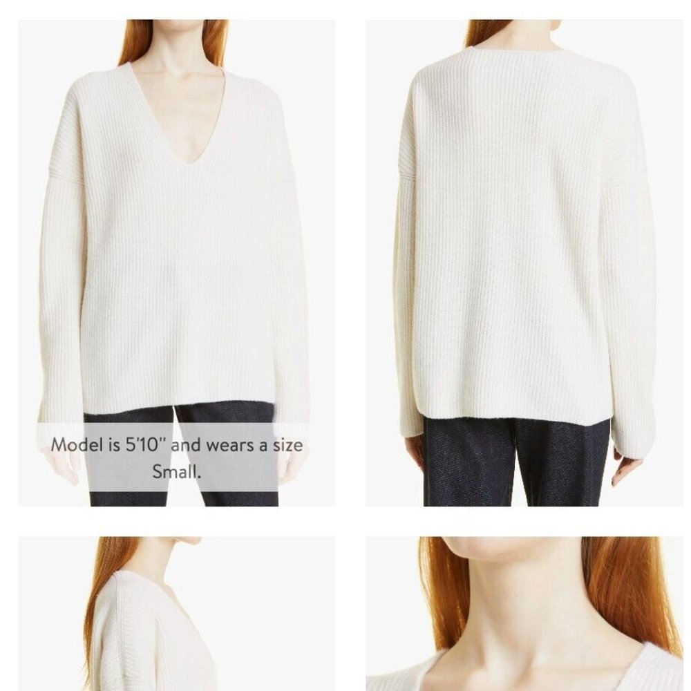 LA LIGNE 100% Cashmere V-Neck Pullover Sweater, Cream, XL